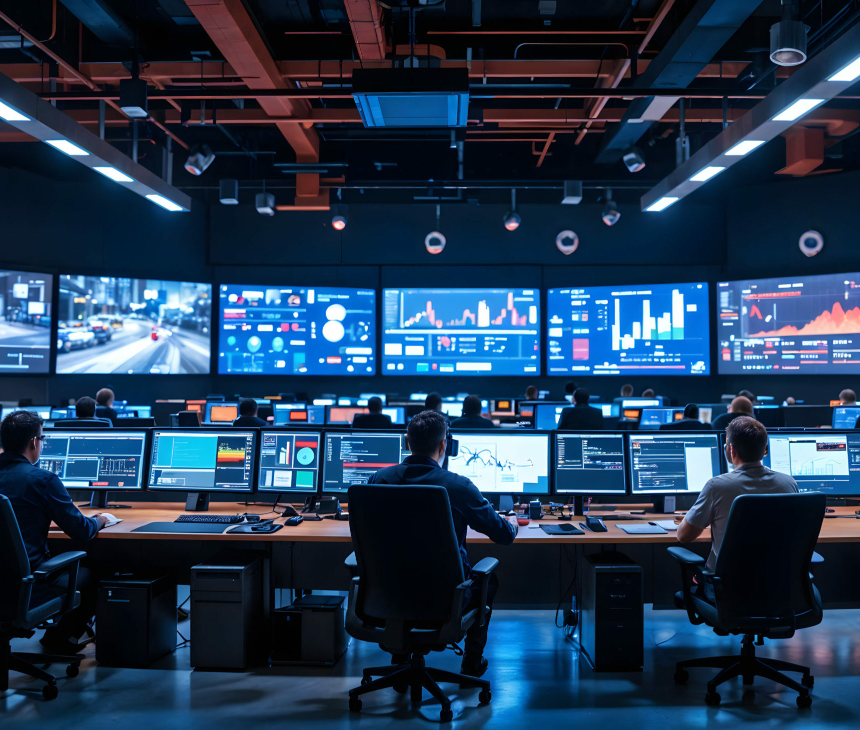 Industrial control room with multiple monitor screens, operators interacting, colorful LED lights, visible security cameras Industrial control room with multiple monitor screens, operators interacting, colorful LED lights, visible security cameras